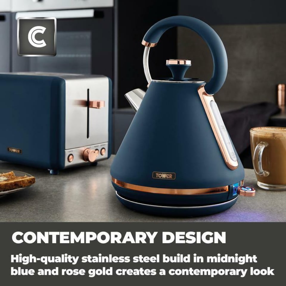 image 1 of Tower Cavaletto Pyramid Kettle & 2 Slice Toaster Set in Midnight Blue & Rose Gold