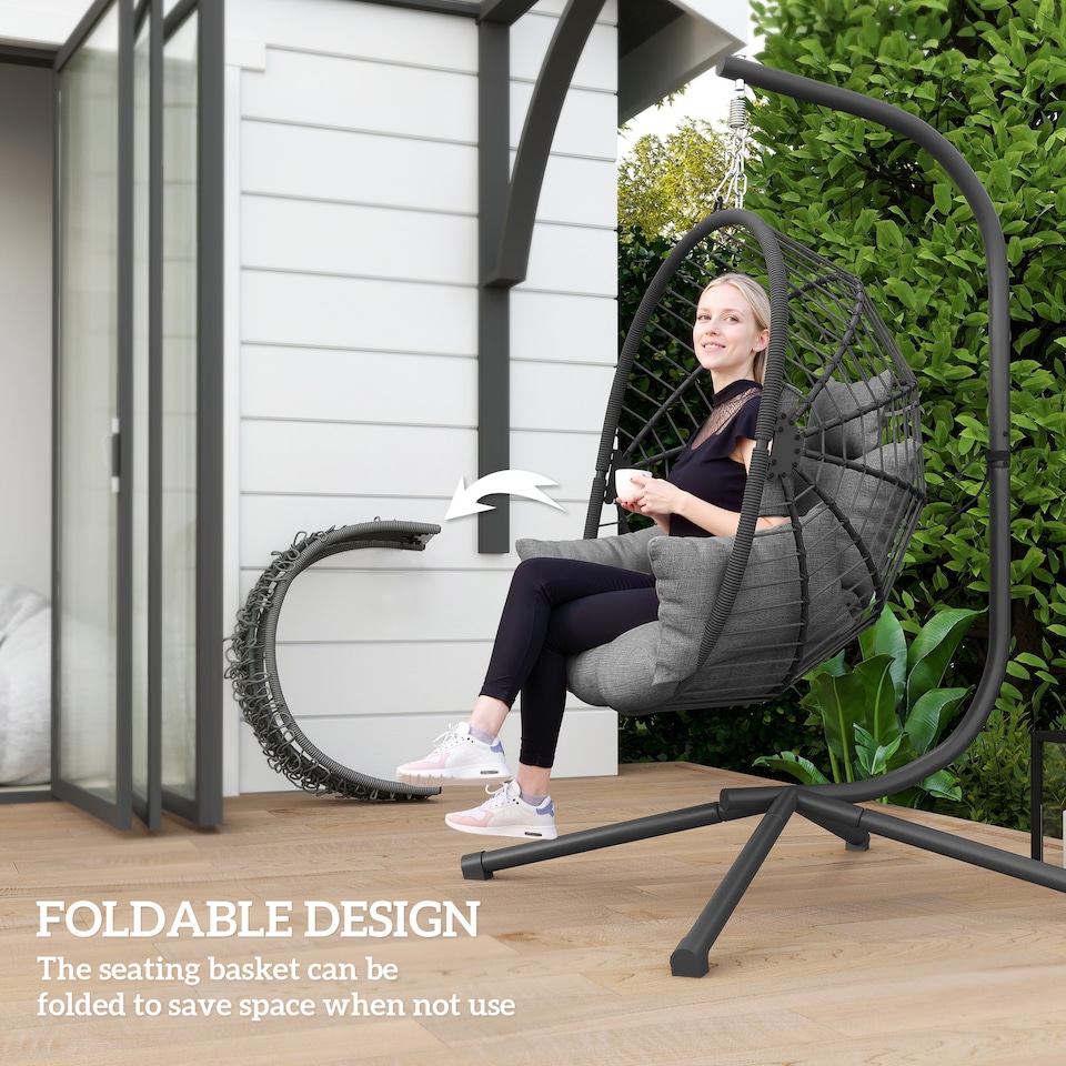 image 1 of Outsunny Outdoor Swing Chair with Thick Padded Cushion, Patio Hanging Chair with Metal Stand, Foldable Basket Egg Chair with Cup Holder, Rope Structure, for Indoor and Outdoor, Grey | Grey