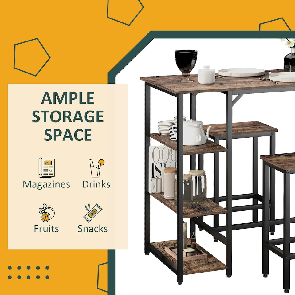 image 1 of HOMCOM Industrial Bar Height Dining Table Set 3 Pieces Bar Set with Shelf