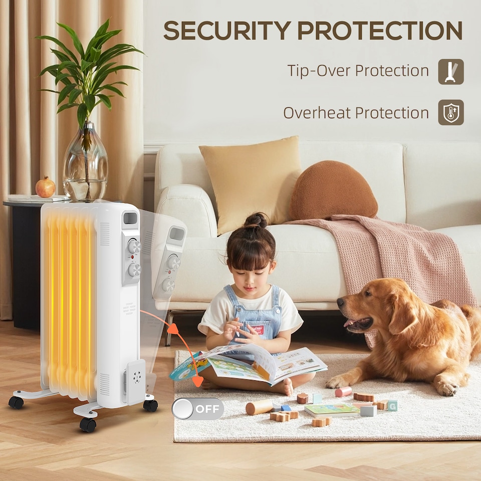 image 1 of HOMCOM 1500W Quiet Oil Filled Radiator, 7 Fin Energy Efficient Portable Electric Heater with 3 Heat Settings, Adjustable Temperate, Safety Tip Over, Overheat Protection, Wheels, for Home, White