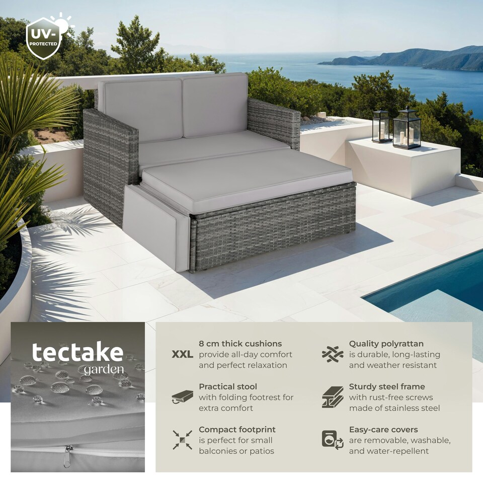 image 1 of Garden Sofa Corfu - 2 seater sofa, stool sun lounger, thick cushions - Grey