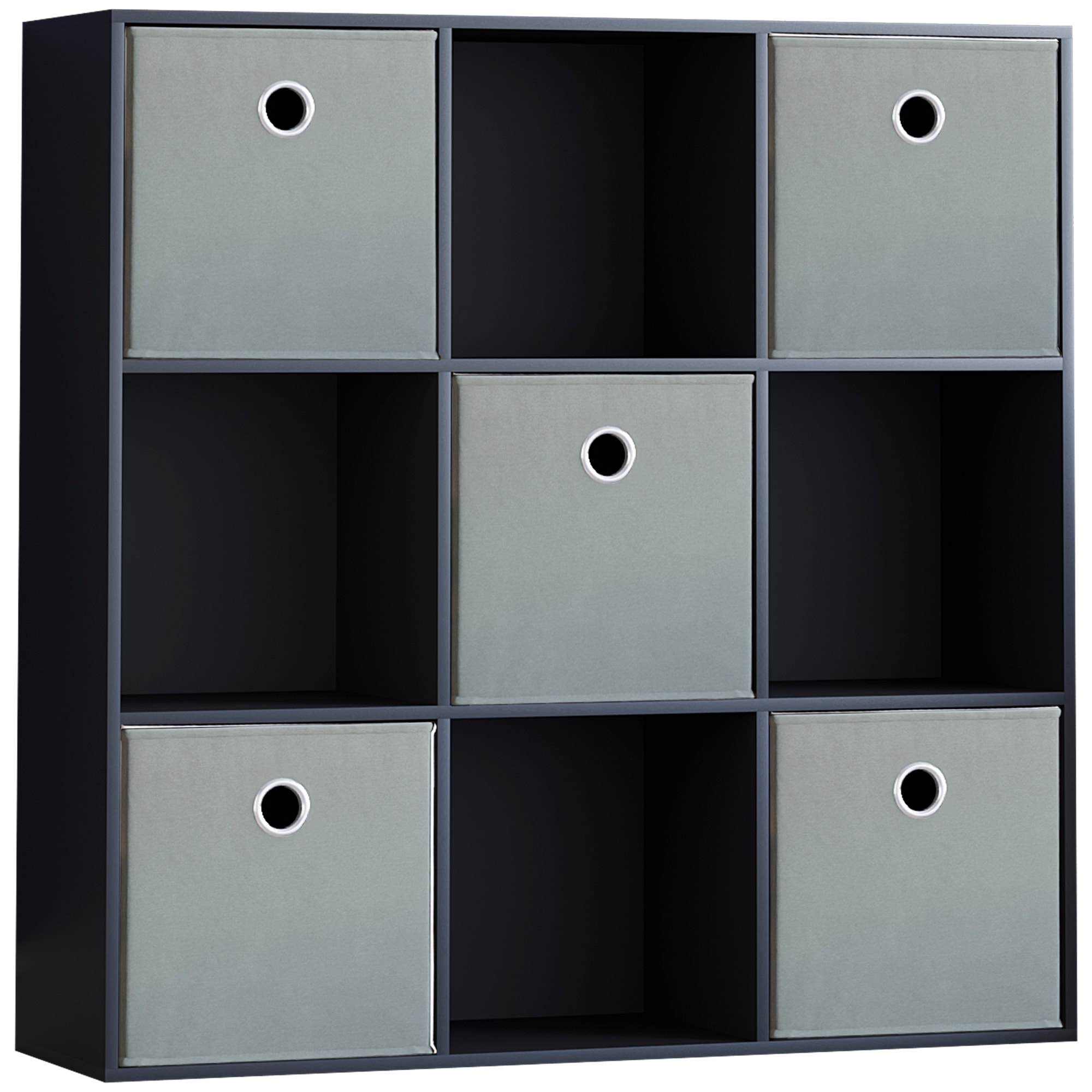 Vida Designs Durham 3x3 Cube Storage Unit, Black & Set of 5 Grey Cube Storage Baskets