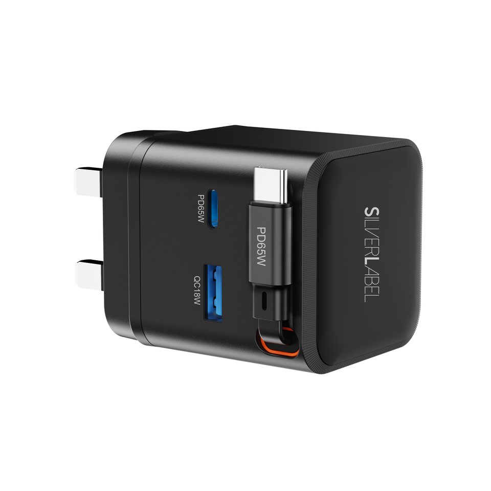 image 1 of SilverLabel 65WGaN Dual USB-A/C Mains Plug&USB-C Cable Black