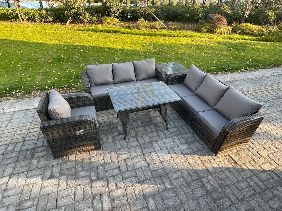 image 1 of Fimous Outdoor Lounge Sofa Set Wicker PE Rattan Garden Furniture Set with Rectangular Dining Table Reclining Chair Side Table Dark Grey Mixed