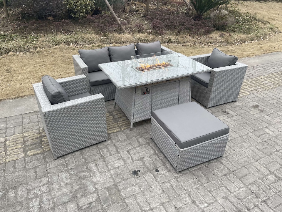 image 1 of Fimous Light Grey Rattan Fire Pit Garden Furniture Set Gas Heater Burner Chairs With Big Footstool