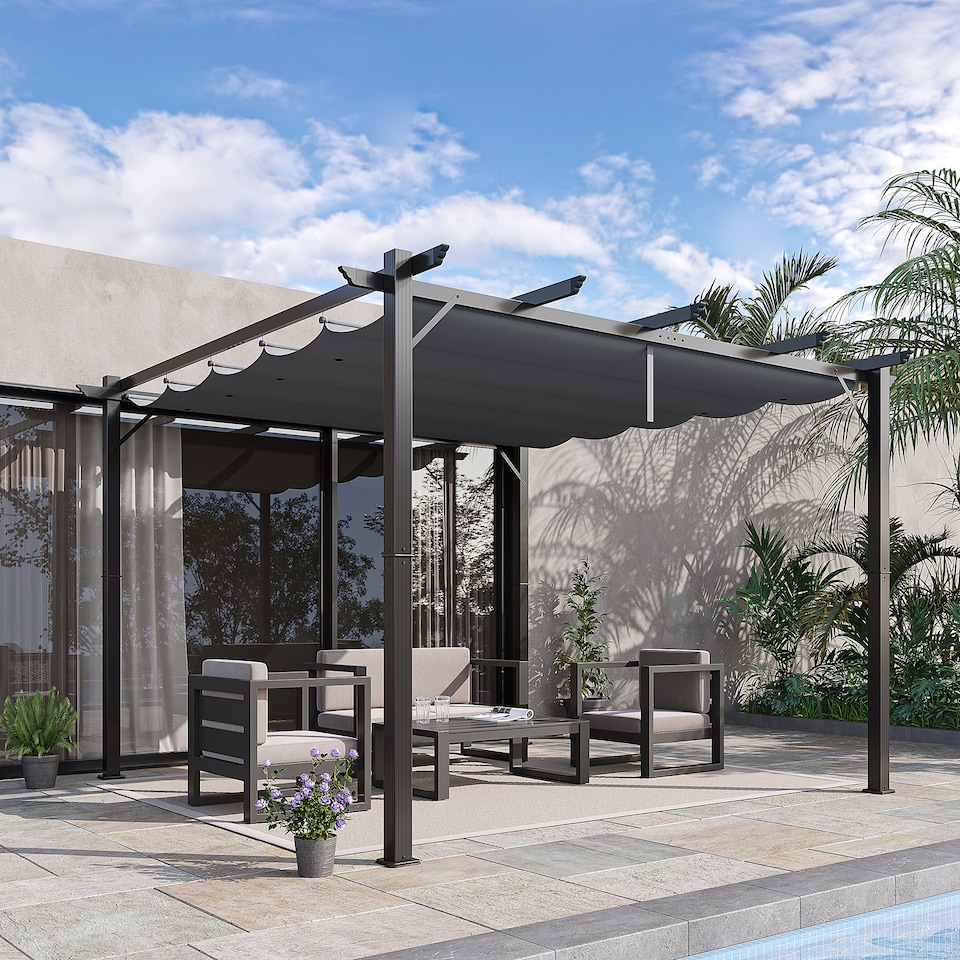 image 1 of Outsunny 3 x 3m Pergola with Retractable Roof Canopy, Aluminium Frame Garden Gazebo Outdoor Sun Shade Shelter for Grill, Patio, Dark Grey