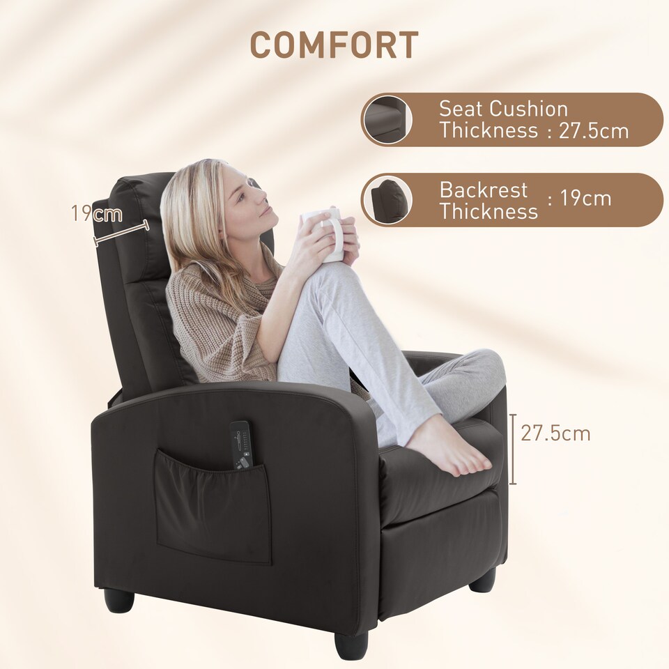 image 1 of HOMCOM Recliner Armchair, Massage Faux Leather Push Back Reclining Chair with Adjustable Leg Rest, Side Pocket, for Home Living Room Theatre, Brown