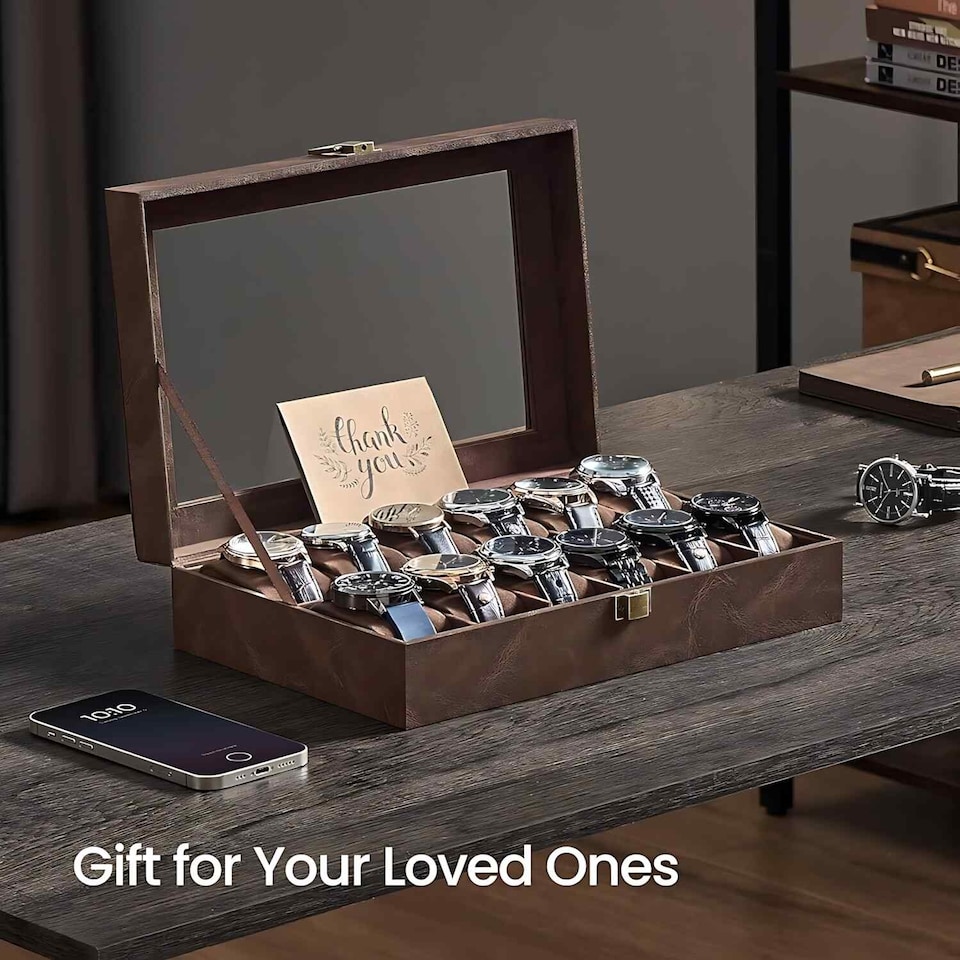 image 1 of 12 Slot Watch Storage Box with Glass Lid, Display Case with Removable Watch Pillows, Coffee Brown Synthetic Leather