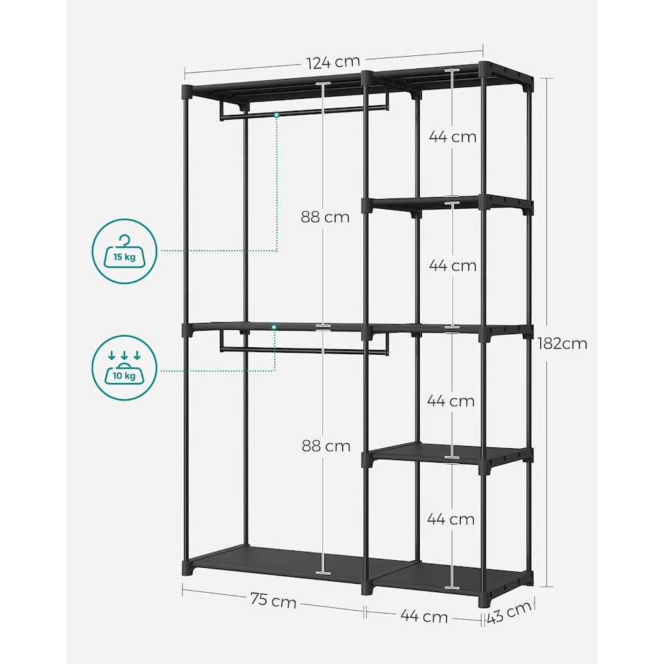 image 1 of Open Design Wardrobe with Dual Hanging Areas and Shelving Storage, Black