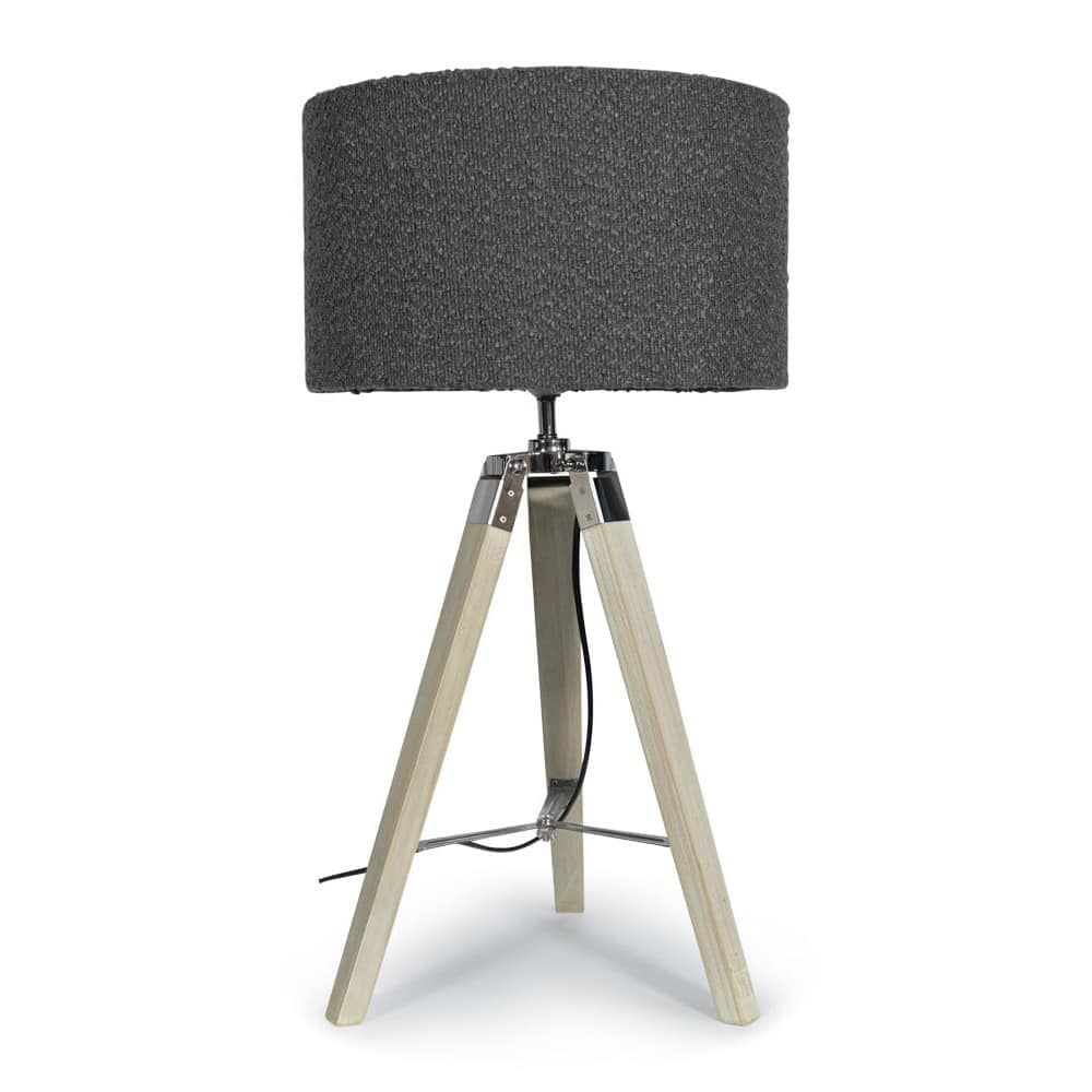 ValueLights Clipper Light Wood Tripod Table Lamp Light with Boucle Shade in Charcoal | Size: 35 cm diameter x 21 cm high