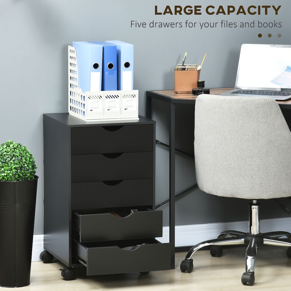 image 1 of HOMCOM Rolling Filing Cabinet with 5 Drawers, Under Desk Drawer, Black