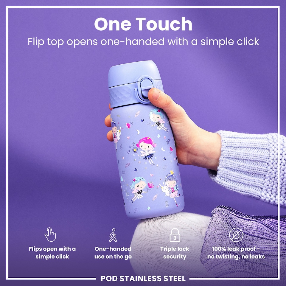 image 1 of Leak Proof Kids Water Bottle, Stainless Steel, 400ml (13oz) | Purple | Fairies | One Size