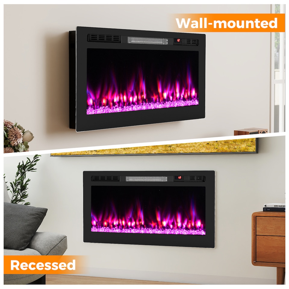 image 1 of COSTWAY Recessed/Wall-Mounted Fireplace 750W/1500W Black