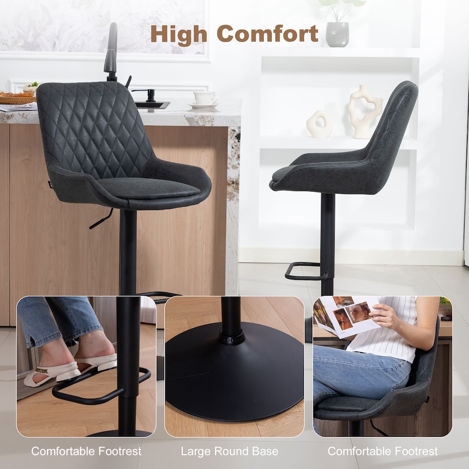 image 1 of HOMCOM Breakfast Bar Stools Set of 2 with 51x40cm Wide Seat, Height Adjustable Kitchen Counter Chairs, Retro Swivel Upholstered Barstools with Back, Footrest and Steel Base, Black | Black | Black