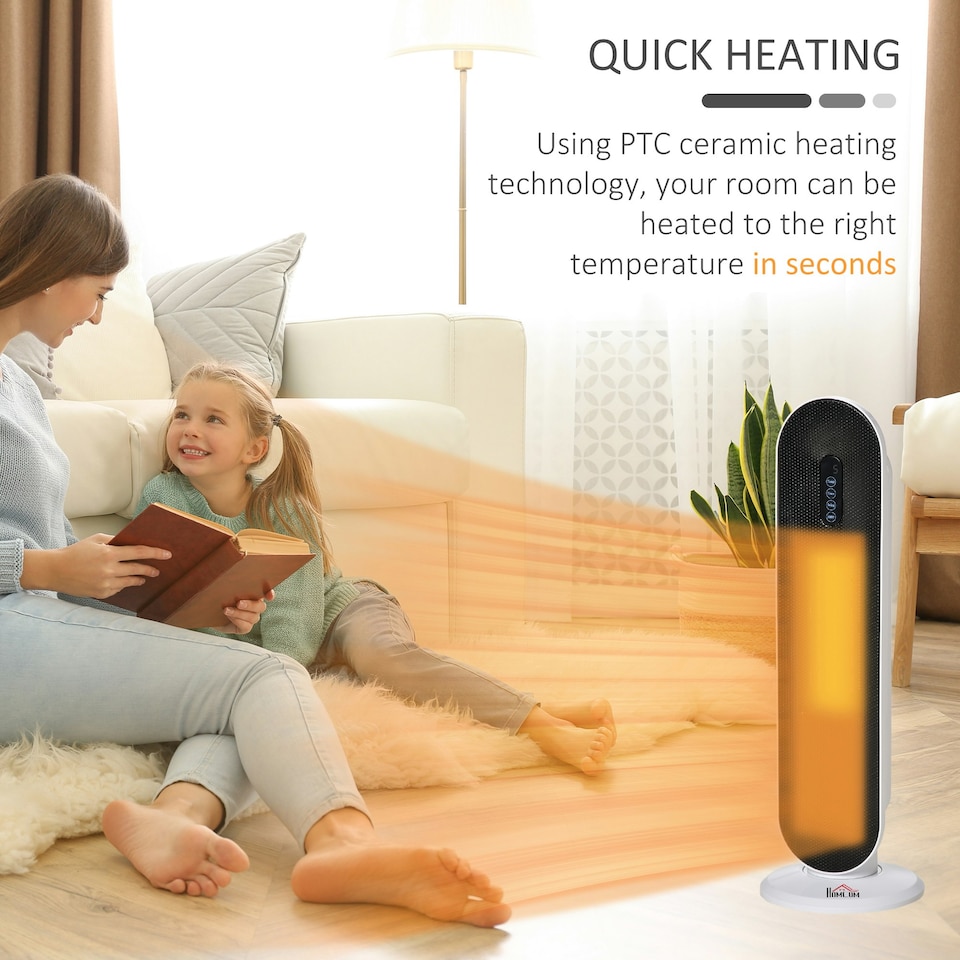 image 1 of HOMCOM Ceramic Space Heater Tower Heater W/ 45° Oscillation, White
