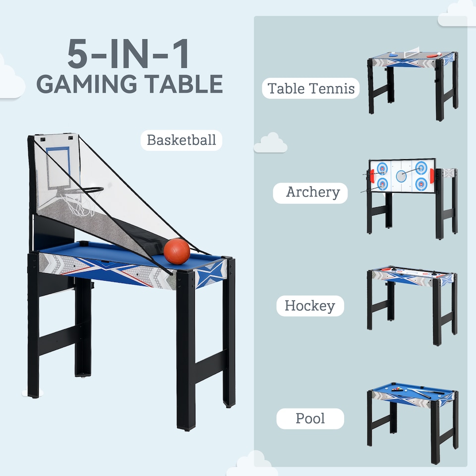 image 1 of SPORTNOW 5-in-1 Multi Games Table, Mini Pool Table Tennis Hockey Table, Basketball Arcade Game, Archery, Blue
