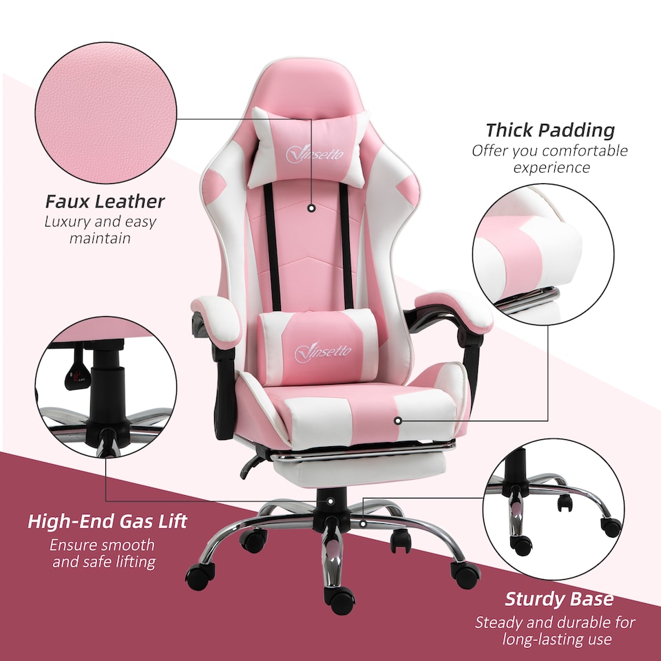 image 1 of Vinsetto Ergonomic Gaming Chair, PU Leather Reclining Computer Chair with Footrest and Lumbar Support, Headrest and Adjustable Height for Adults, Pink