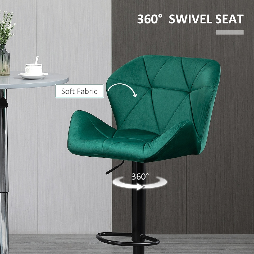 image 1 of HOMCOM Bar Stools Set Of 2, Luxurious Velvet-Touch Barstools with Metal Frame Footrest Round Base Triangle Indenting Moulded Seat Adjustable Height Swivel Green