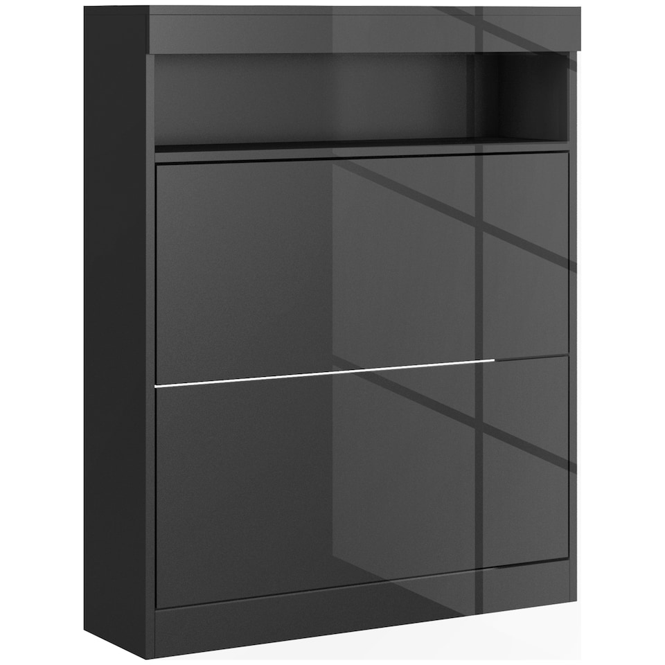 image 1 of HOMCOM Narrow Shoe Cabinet, Wall Mounted or Freestanding Shoe Storage Cabinet with 2 Flip Drawers and Open Shelf for 12-16 Pairs of Shoes for Entryway, High Gloss Black