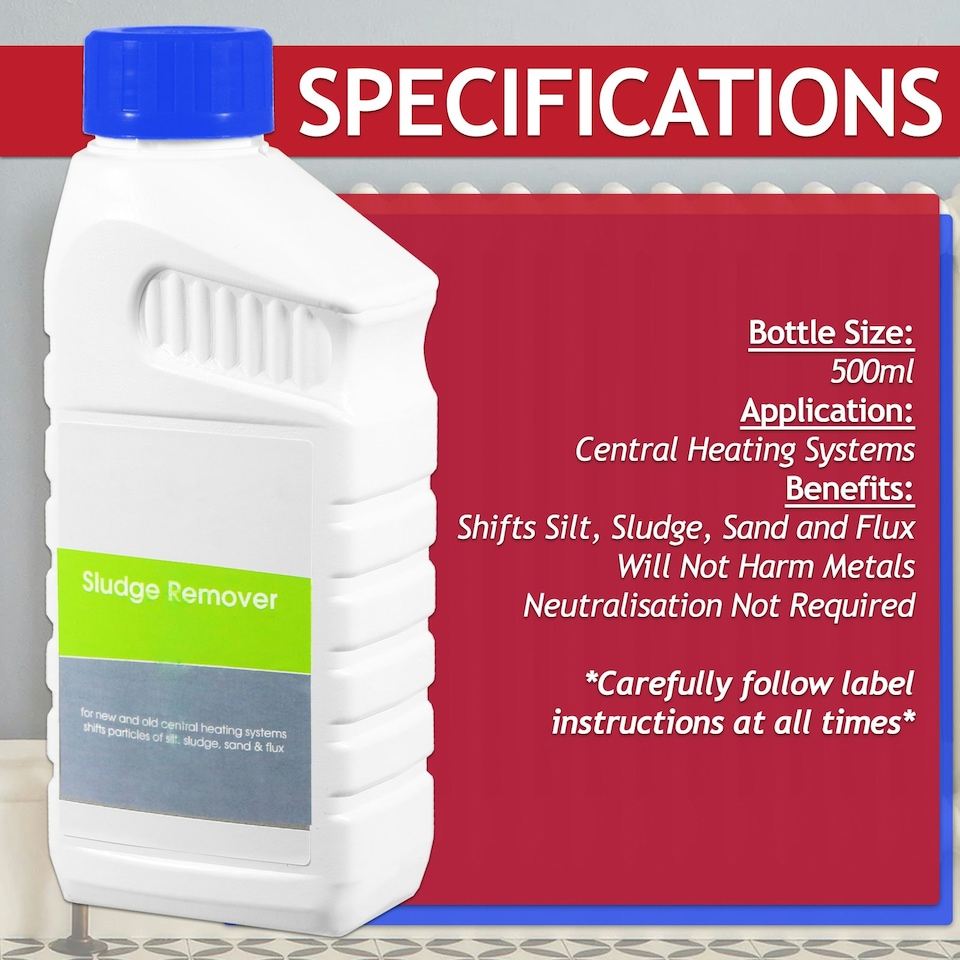 image 1 of SPARES2GO Central Heating Sludge Remover Concentrate Liquid (500ml Bottle) + Radiator Dosing Funnel Tool + Draining Tub
