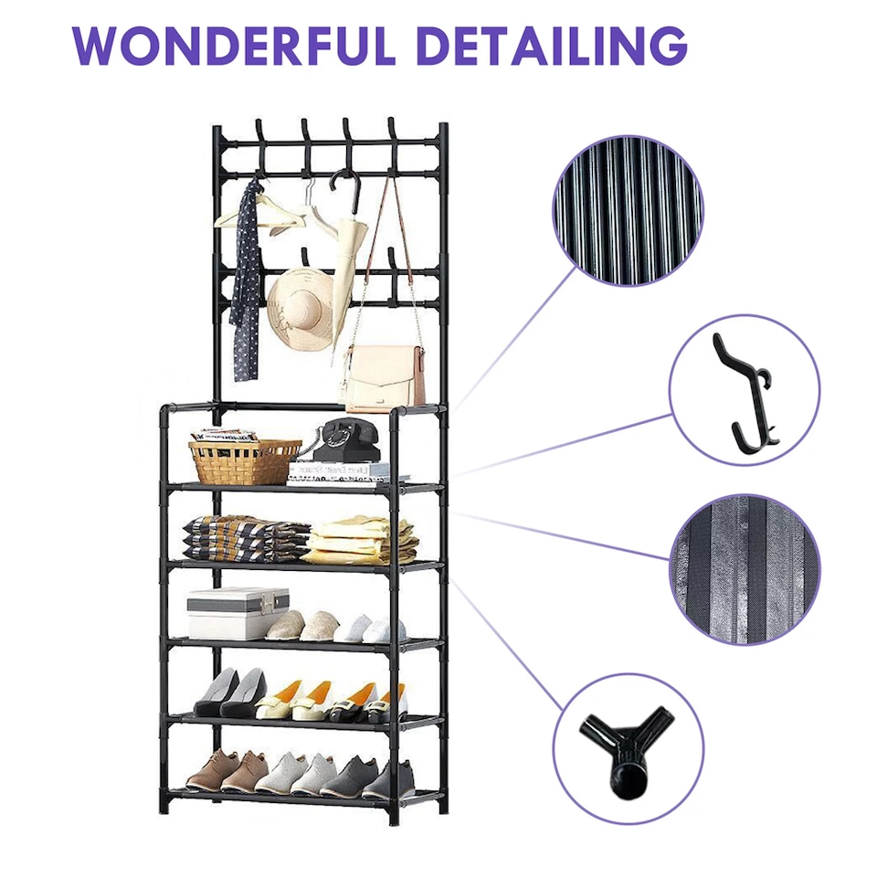 image 1 of Living and Home 5-Tier Freestanding Coat Rack with Shelves - 60x175cm Black
