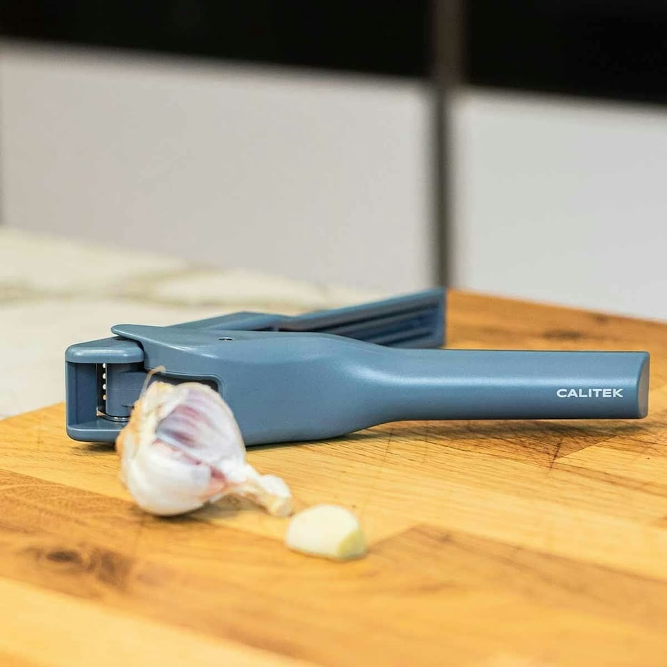 image 1 of CALITEK Garlic Press and Slicer 2 in 1 Easy to Use Stainless Steel Blades Blue