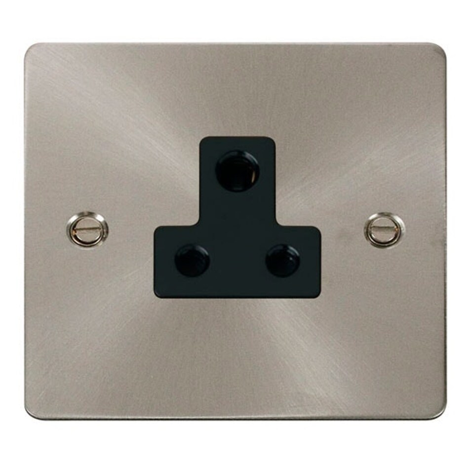 SE HOME Flat Plate Satin / Brushed Chrome 1 Gang 5A Round Pin Socket - Black Trim - SE Home Black | Satin Chrome