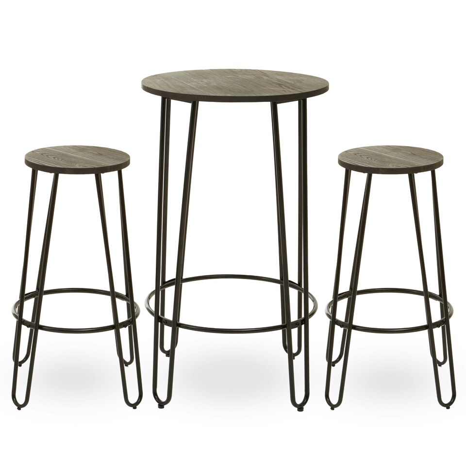 image 1 of Interiors by Premier Set of 3 Black Frame Bar Table Stool Set , Hairpin Stool for Kitchen Counter, Elm Wood Metal Frame Stool