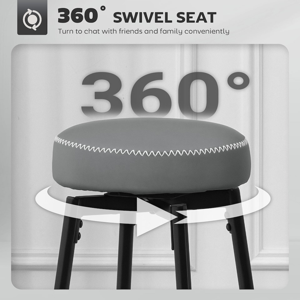 image 1 of HOMCOM 360 Degree Swivel Bar Stools Set of 2, Kitchen Counter Stools with Footrest, Faux Leather with Stitching, Modern Barstools for Breakfast Island, 69 cm Tall, Grey | Grey | Grey