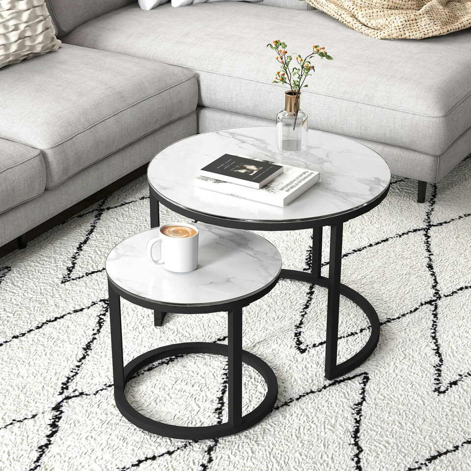 image 1 of HOMCOM Glass Coffee Table Set of 2, Round Nest of Tables, White
