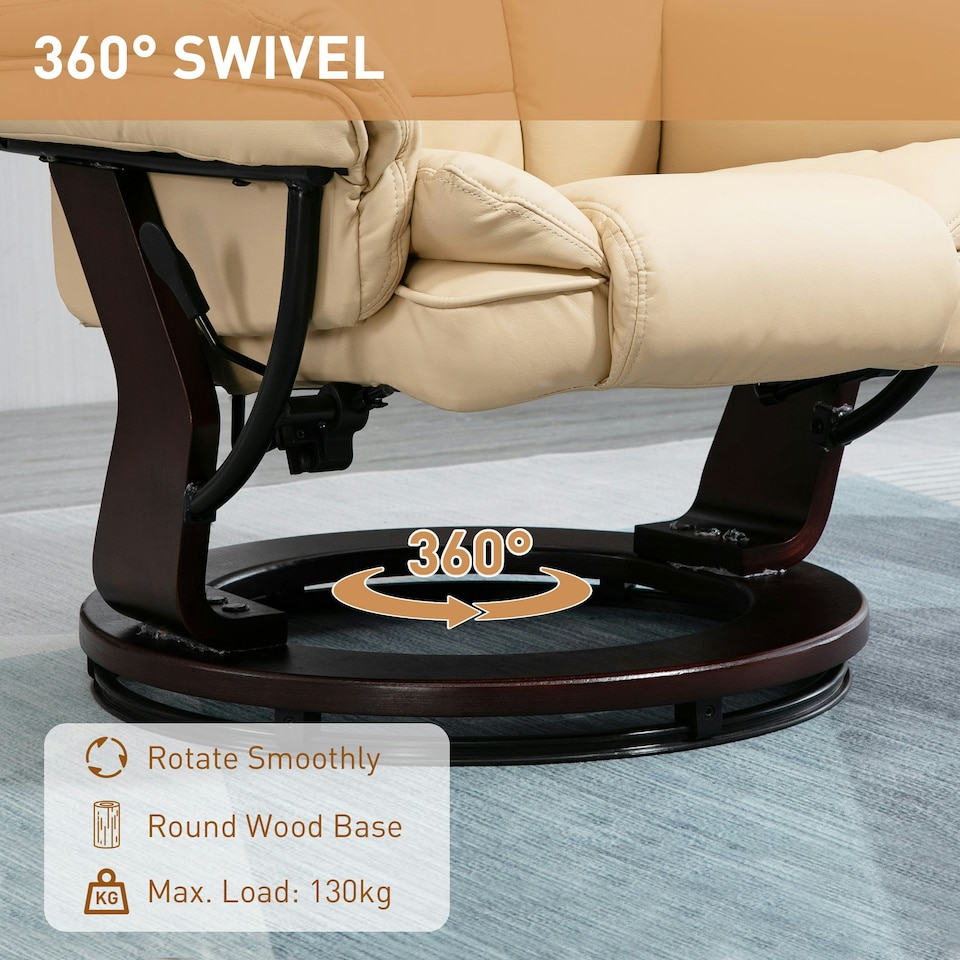 image 1 of HOMCOM Swivel Manual Recliner and Footrest Set PU Leather Lounge Chair Beige