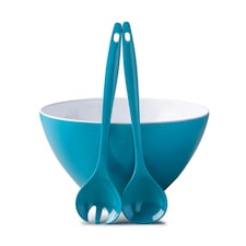 Zeal Melamine Salad Bowl & Salad Servers Set, Duck Egg Blue Blue | Aqua Blue