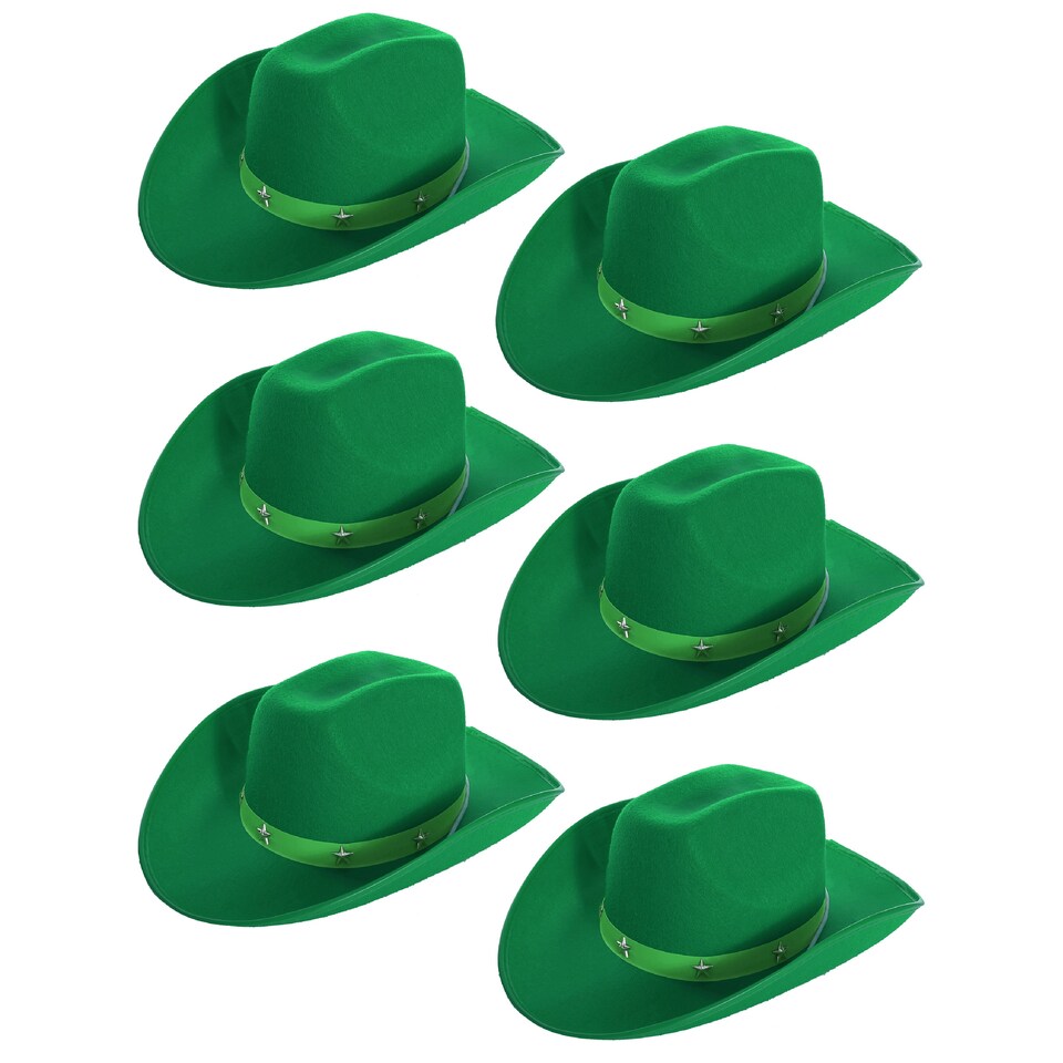 image 1 of Adults Green Star Cowboy Hats – Pack of 6 Fancy Dress Accessories Green | One Size