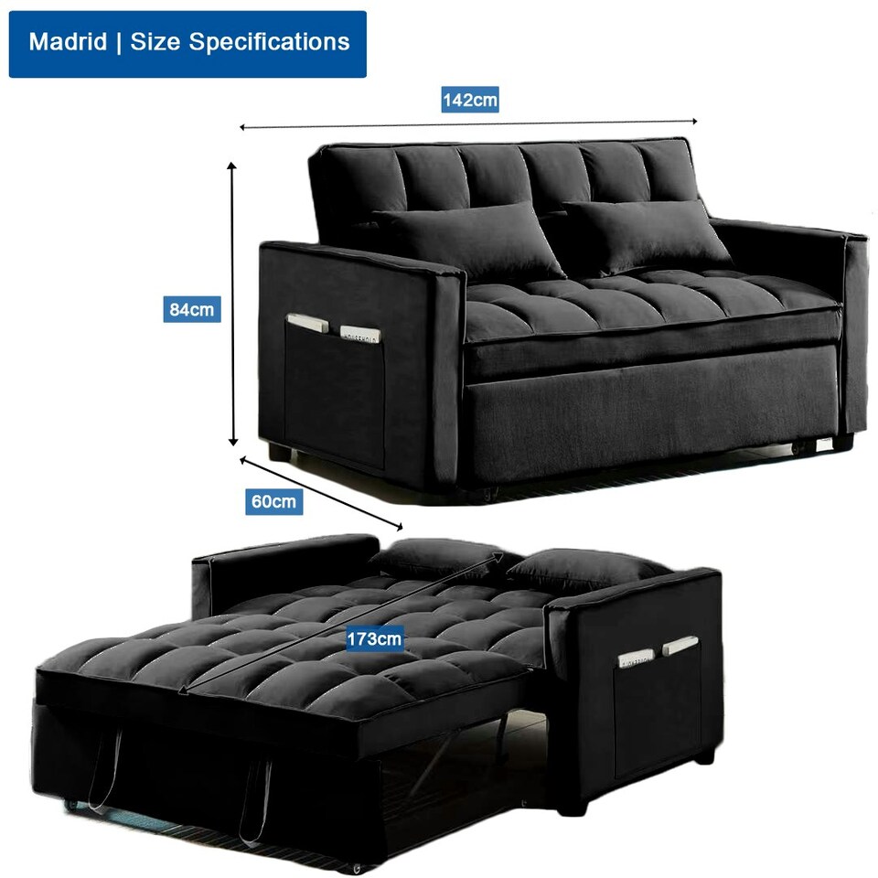 image 1 of Madrid 2 Seater Loveseat Pull Out Sofa Bed Black
