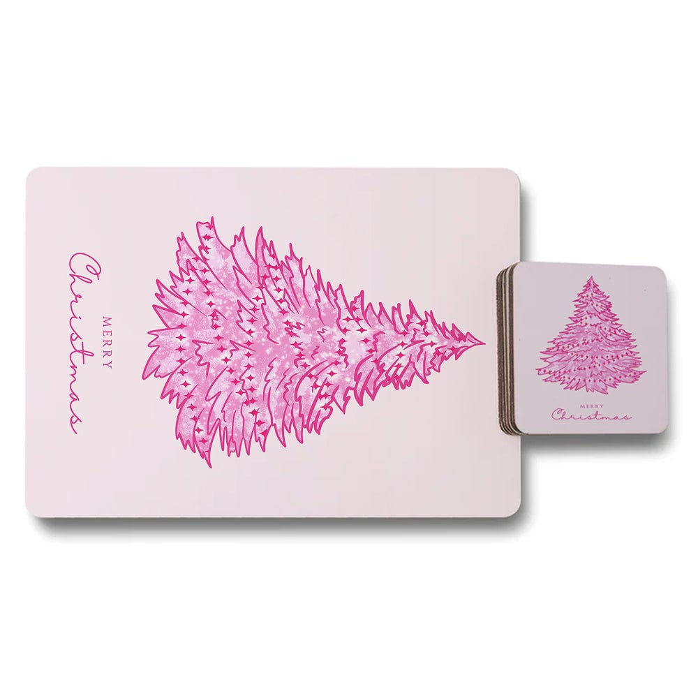 Placemat Coaster Set Christmas Tree Pink Art Wood Bottom High End Print Technology Exclusive Design