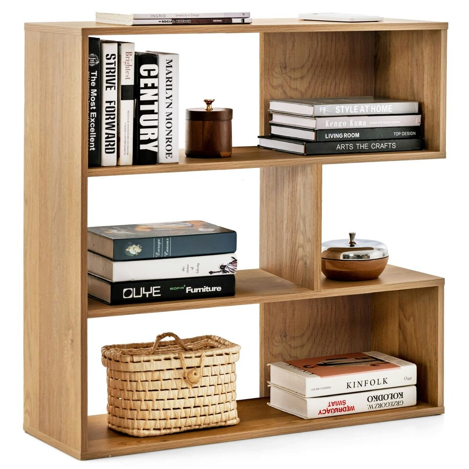 image 1 of COSTWAY 3-tier Bookshelf Concave Open Back Bookcase Brown