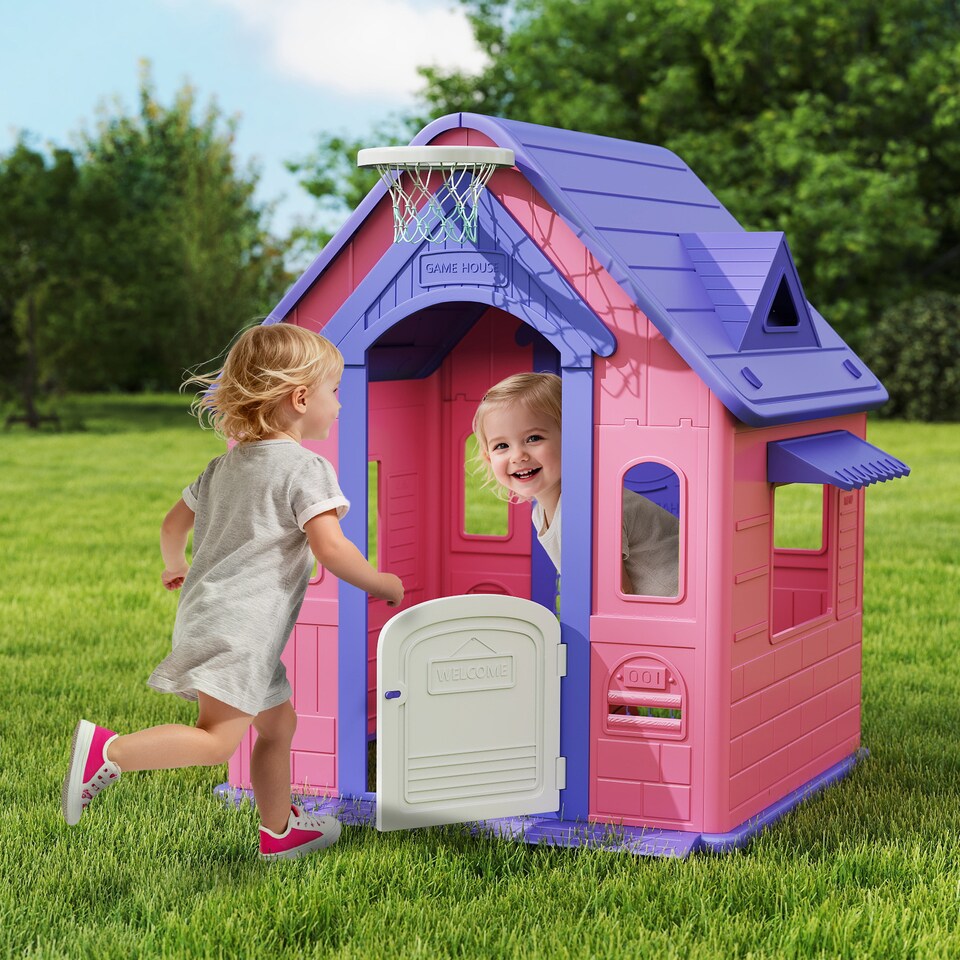 image 1 of AIYAPLAY 5-in-1 Playhouse for Kids Outdoor Indoor, Garden House with Basketball Hoop, Football, Dartboard, Ring Toss, Wendy House for Kids 2-5 Years Old | Pink