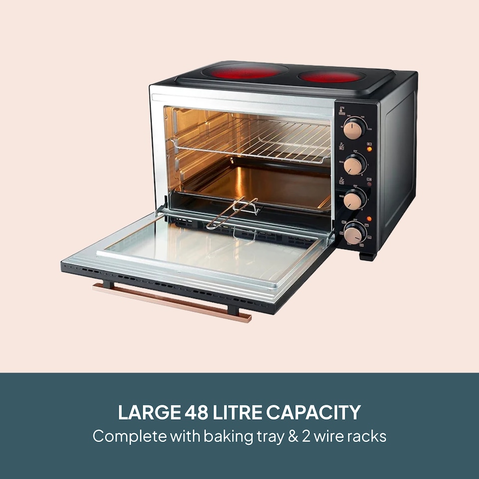 image 1 of Cooks Professional 48L Mini Portable Oven with 2 Ceramic Hobs - Electric Portable Countertop Cooker | Black | Black & Copper