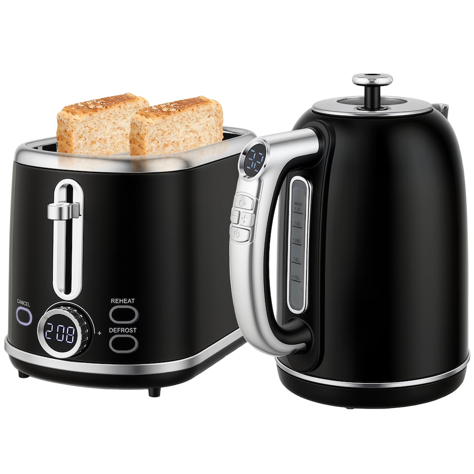 image 1 of HOMCOM Kettle and Toaster Set with LED Screen, 1.7L 3000W Retro Rapid Boil Jug Kettle with Keep Warm Memory Function, 2 Slice Toaster with 6 Browning Controls, Crumb Tray, Black | Black