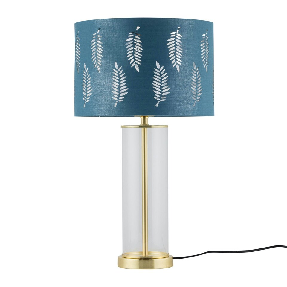 image 1 of Aura - Satin Brass Table Lamp with Teal Fern Cut Out Silver Shade