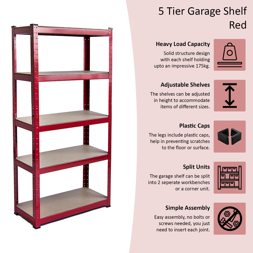 image 1 of Home Vida 5 Tier Garage Shelf Heavy Duty Boltless Shelving Storage Unit, Red
