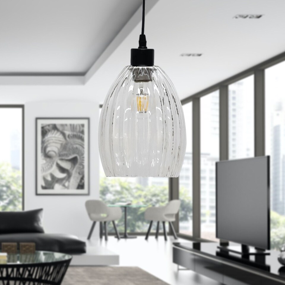 image 1 of Birch - Clear Fluted Glass with Black Pendant Fitting | Clear | Clear | 1