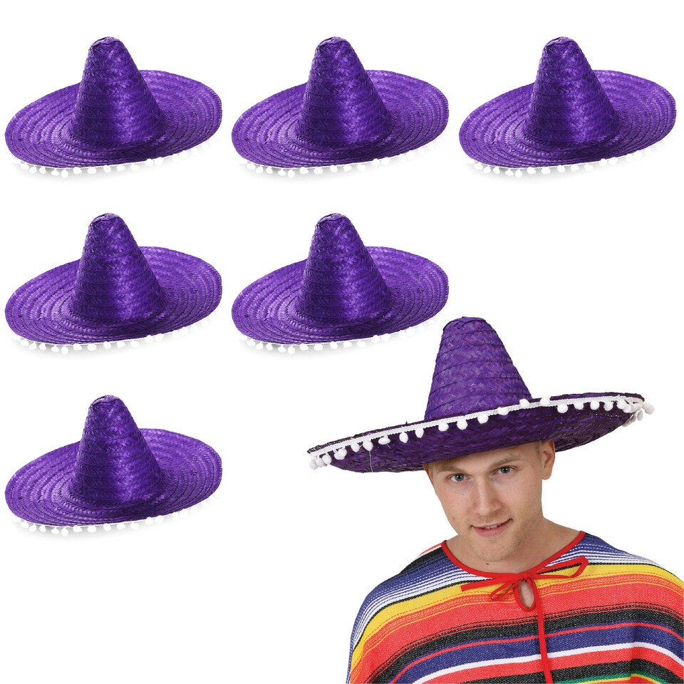 image 1 of Orange Mexican Sombrero – Fancy Dress Hat with Pom-Pom Trim Purple | 6