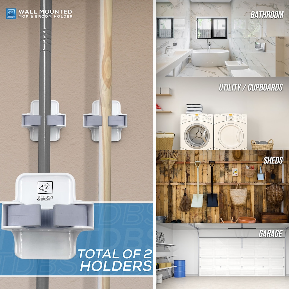 image 1 of Mop and Broom Holder Wall Mounted Easy Storage Gripper for Cleaning Tools