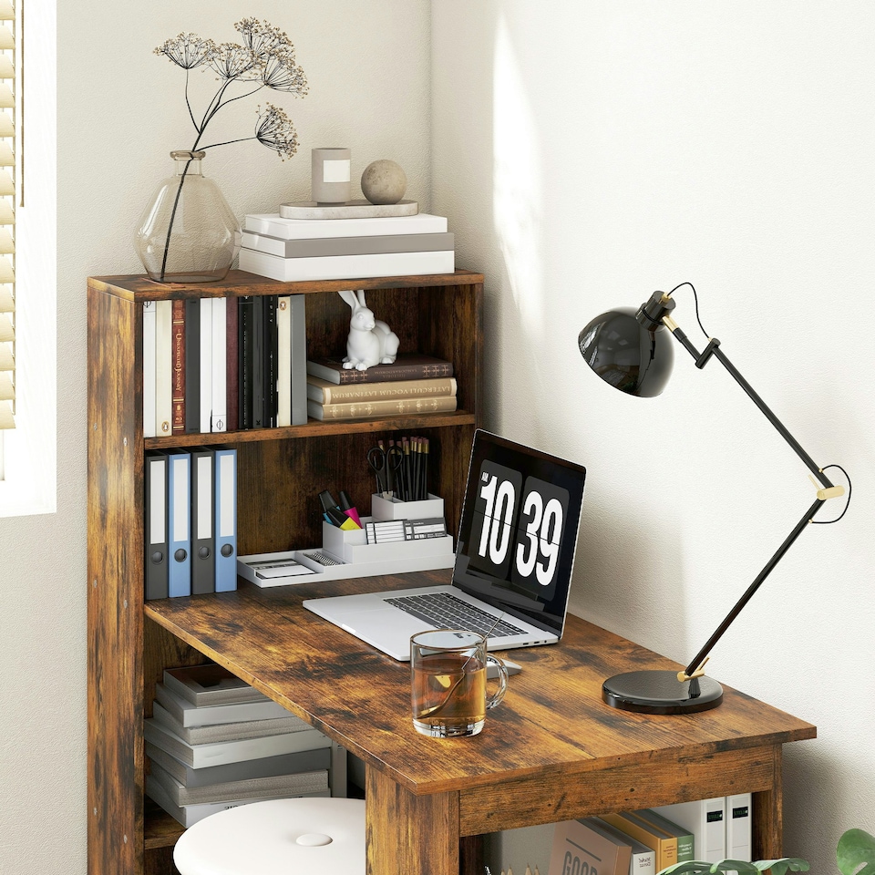 image 1 of HOMCOM 120cm Computer Desk Bookshelf Writing Table 6 Shelves Brown | Brown | Rustic Brown Wood-Effect | 120L x 55D x 120Hcm