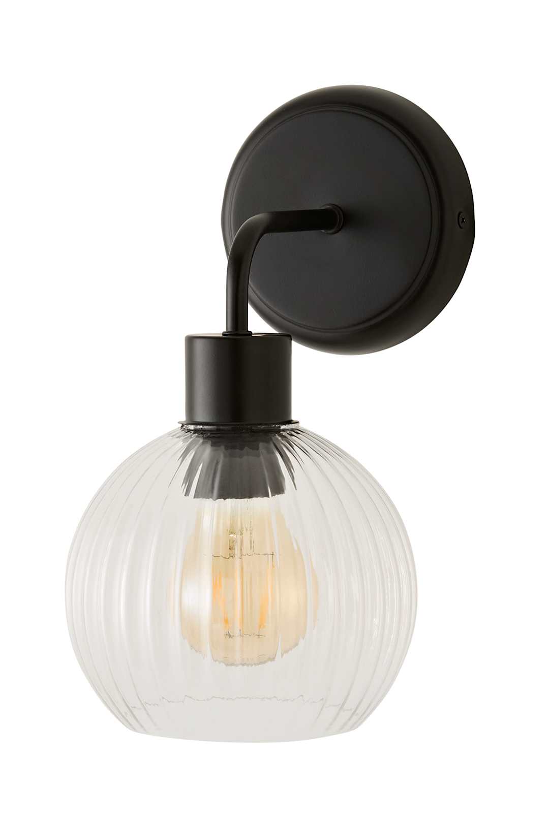 ValueLights Maddison Clear Ribbed Glass Globe Metal Wall Light Fitting in Black