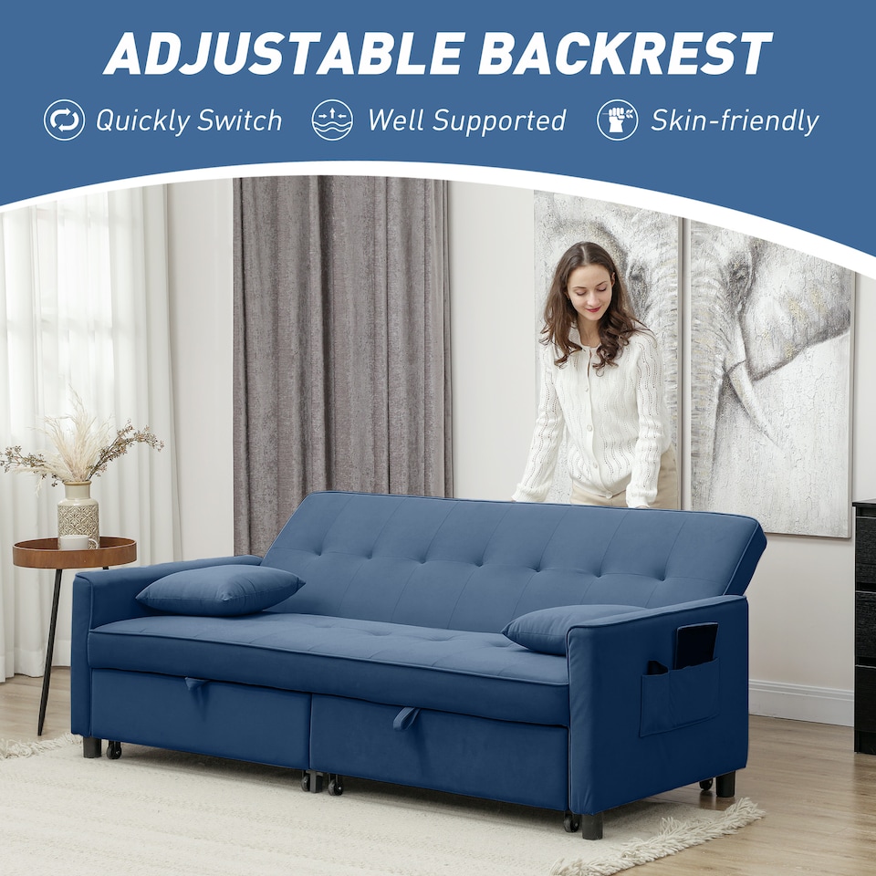 image 1 of HOMCOM Sectional Sofa Bed, L-Shaped 3 Seater Sofa Bed, Reversible Sleeper Sofa with Pull Out Couch Bed, Cushions, Fabric Futon Sofa Bed for Living Room, Blue