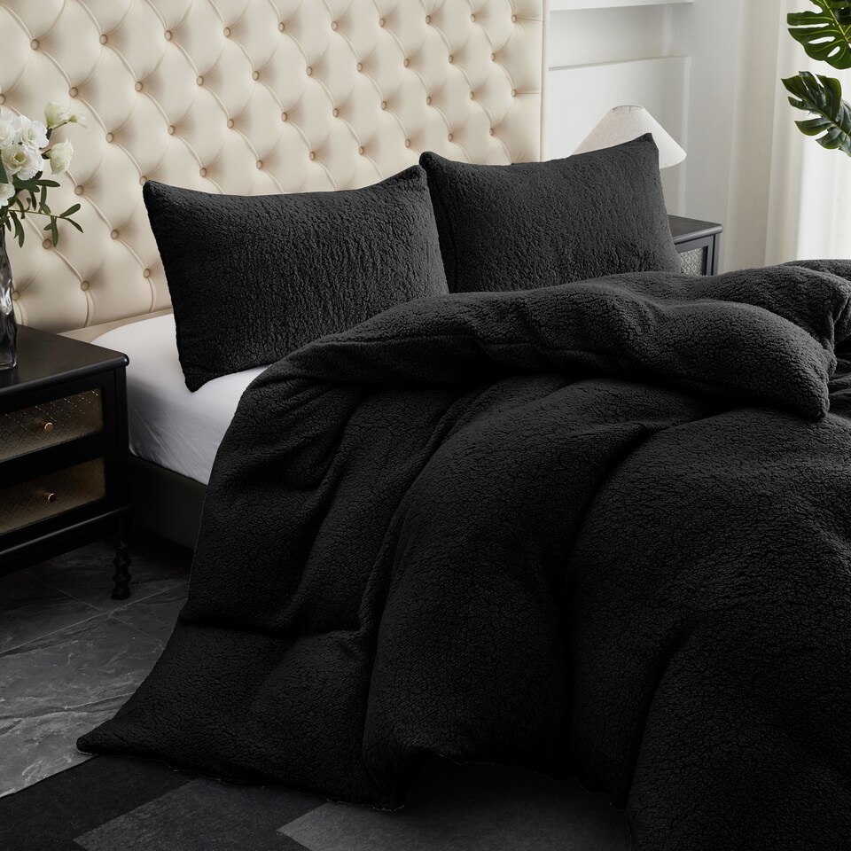 image 1 of Ezysleep Winter Soft Teddy Fleece Fabric Duvet Set Warm And Cosy Bedding | Black | Black