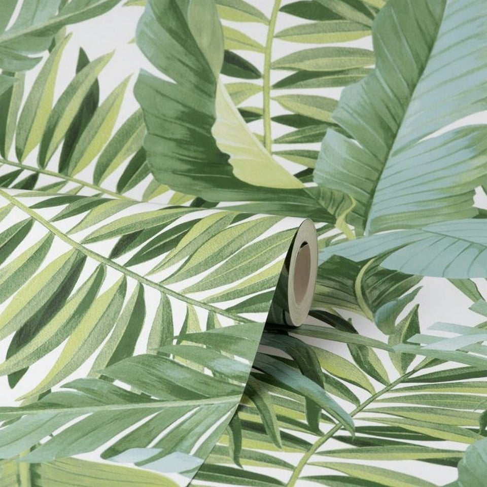 image 1 of Fine Decor Maui Leaf Wallpaper - Green - One Size Green