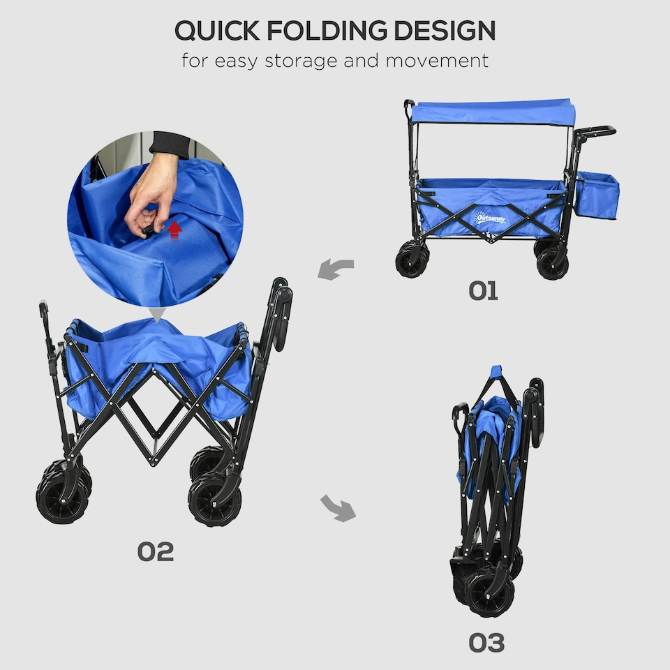 image 1 of Outsunny Outdoor Push Pull Wagon Trolley Cart with Canopy Top - Blue